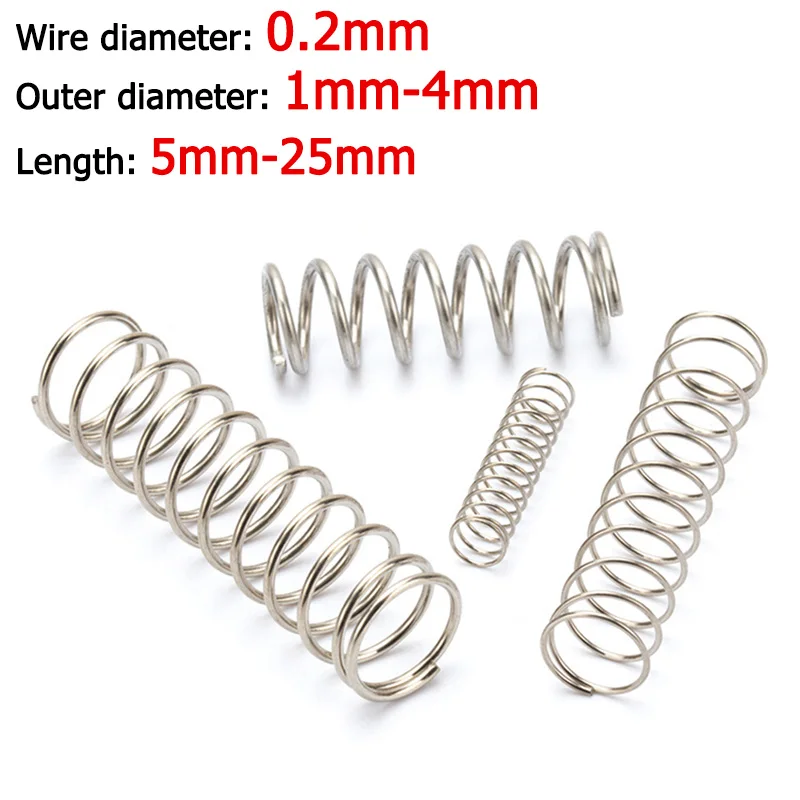 10pcs Wire Dia 0.2mm 304 Stainless Steel Compression Spring Spring Steel Spiral Pressure Spring Length 5-25mm OD 1 1.2 1.5 2 3~4