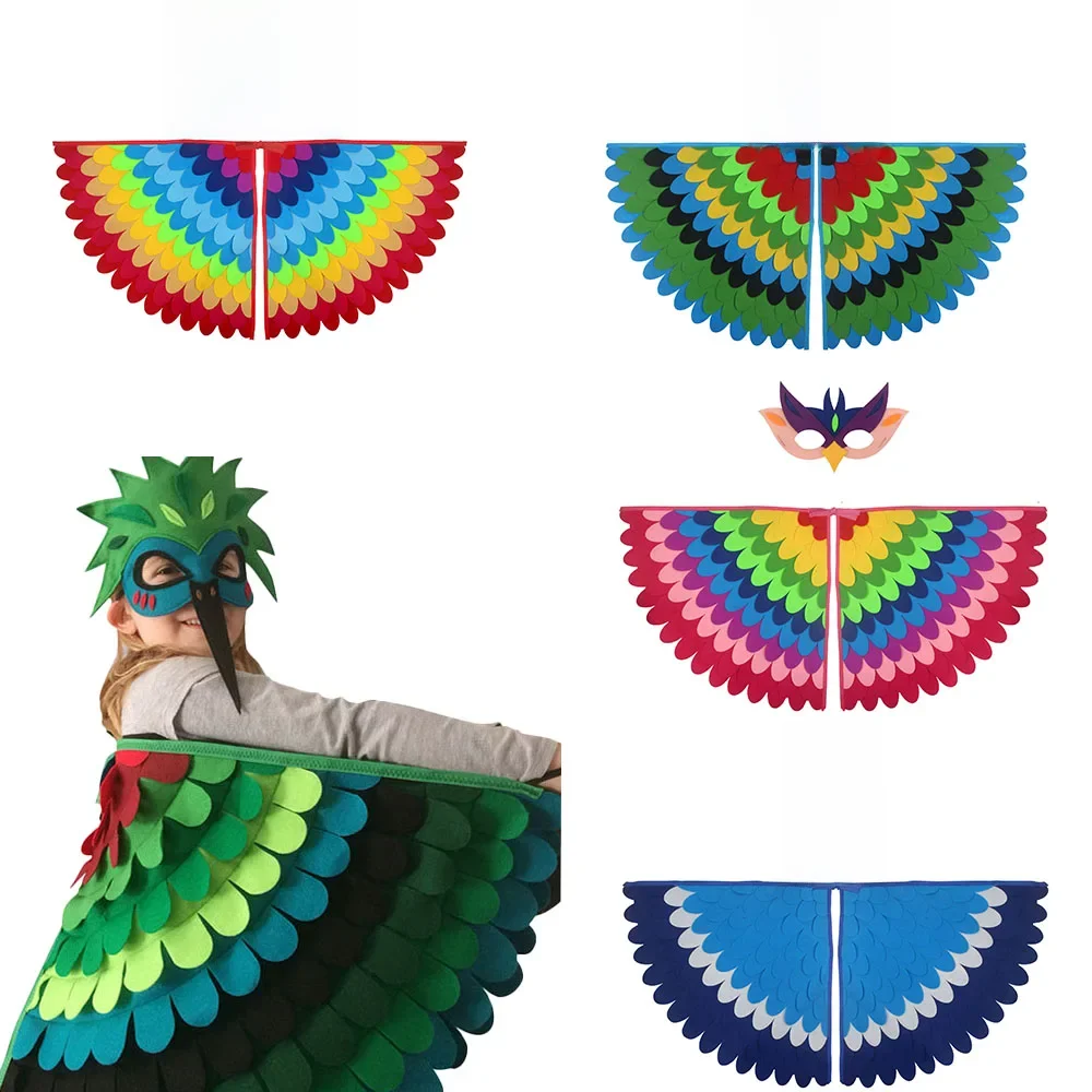 Costume d'ailes de hibou mignonnes, cape en feutre à motif paon avec masque assorti, accessoires de performance, cape de cosplay pour Halloween et carnaval