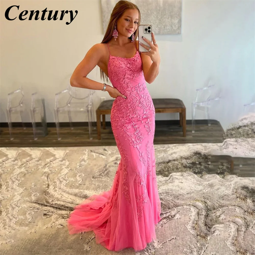 

Mermaid Sexy Long Party Dresses Spaghetti Strap Vintage Night Dresses Appliques Lace Pink Celebrity Dresses vestidos de fiesta