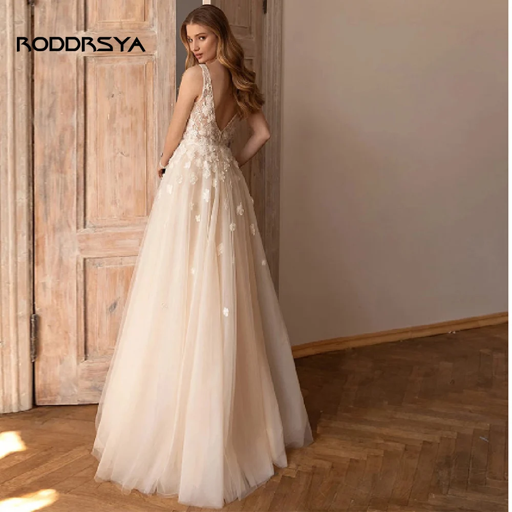 RODDRSYA-Vestido de Noiva Princesa, Flor 3D, Decote V, Sem Mangas, Sem Costas, Renda, Apliques, Linha A, Tule, Vestido de Noiva