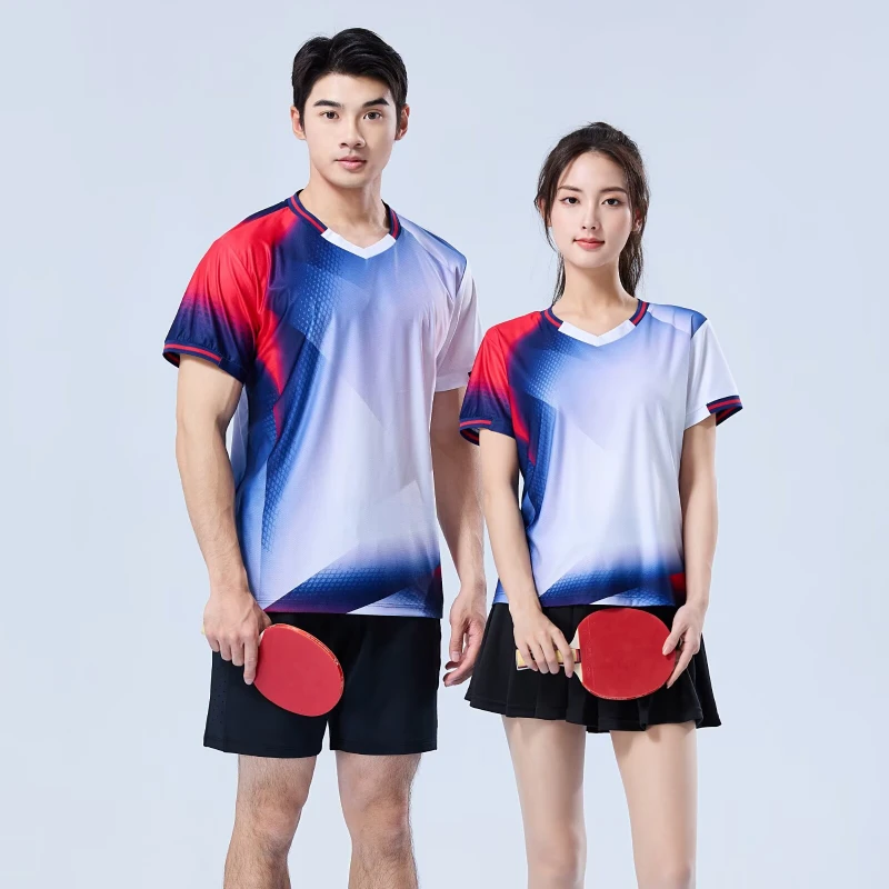 Camiseta de tênis de mesa feminina padrão gradiente novo verão tênis badminton camiseta superior clube de tênis de mesa secagem rápida manga curta