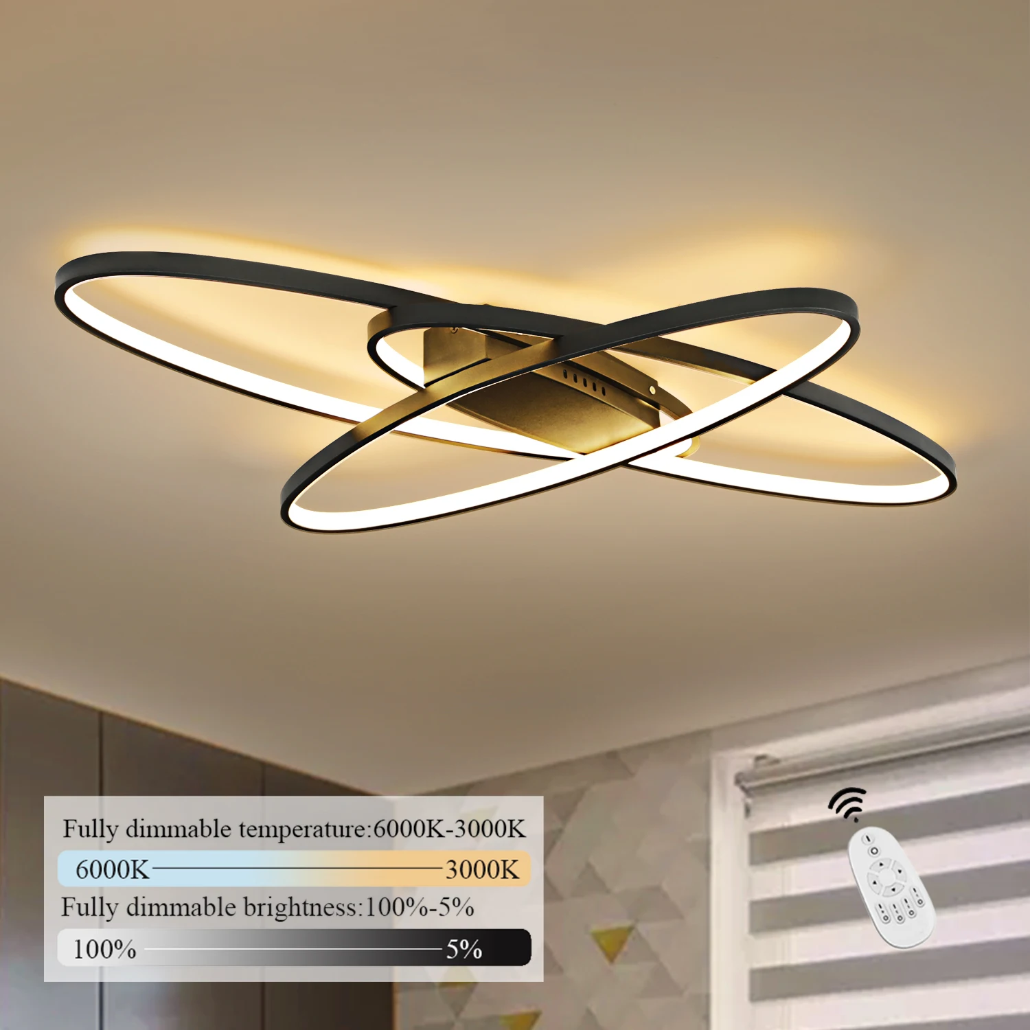 Deckenlampe LED Deckenleuchte Wohnzimmer - 85cm Wohnzimmerlampe Dimmbar Schlafzimmerlampe Schwarz Modern Design Schlafzimmer Deckenbeleuchtung Ring 75W Küchenlampe mit Fernbedienung für Küche