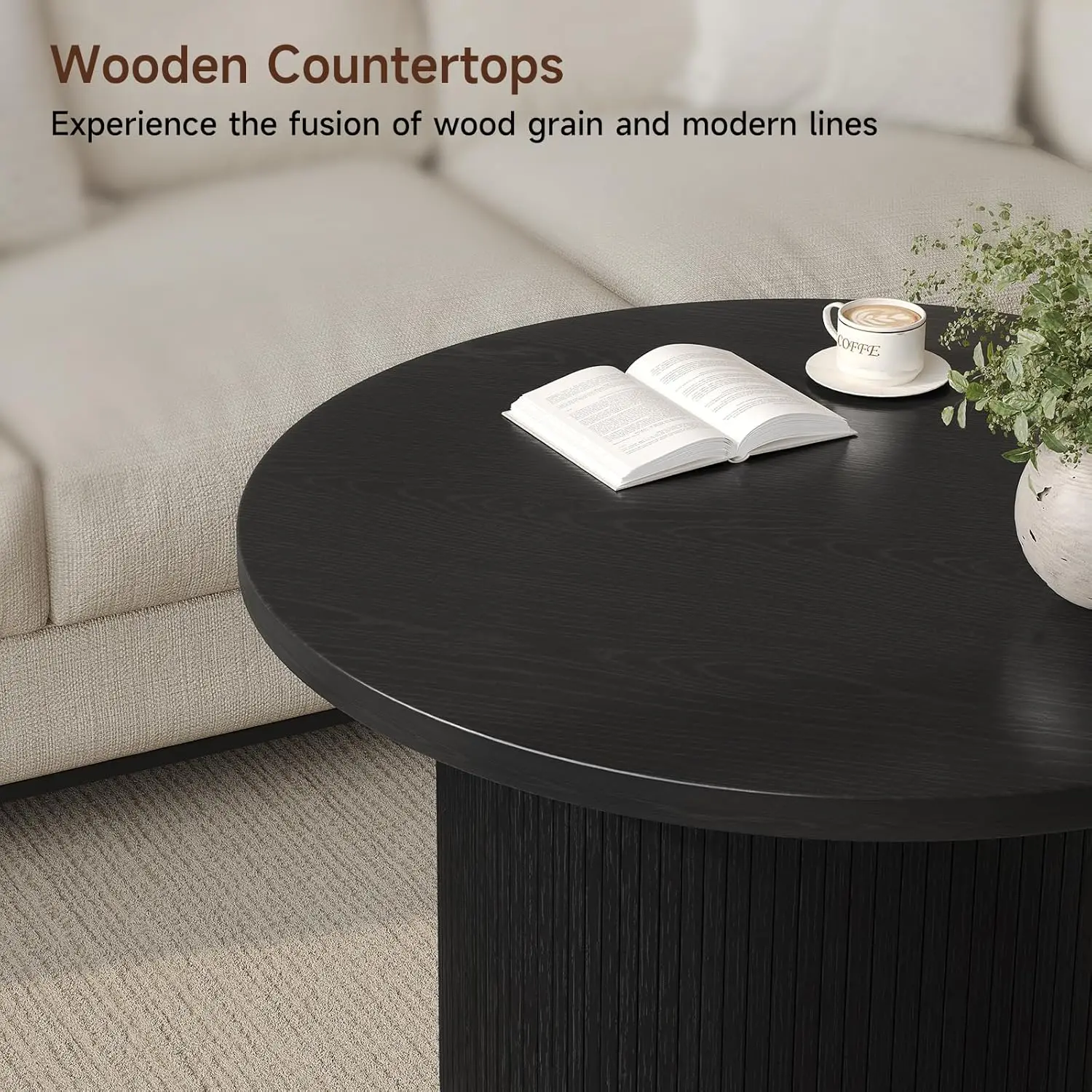 31.5" Modern Round Coffee Table Mid Century, Fluted Tambour Drum Design Engineered Wood Small Center Table for Living Room, Black