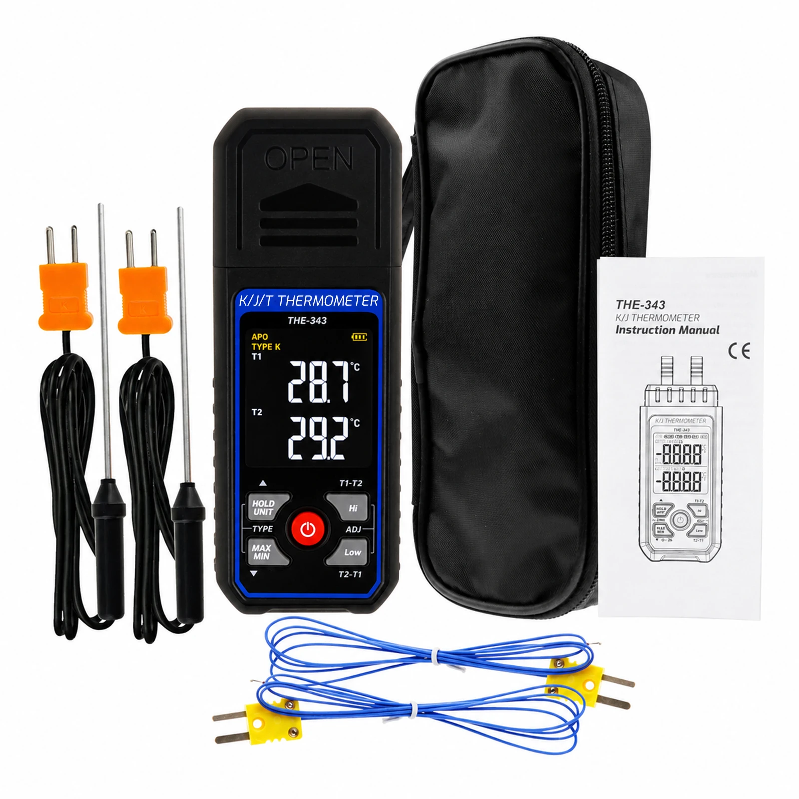 Digital K/J/T Type Digital Temperature Measurement T1-T2 Thermocouple Thermometer W/ Backlight and Temperature Compensation