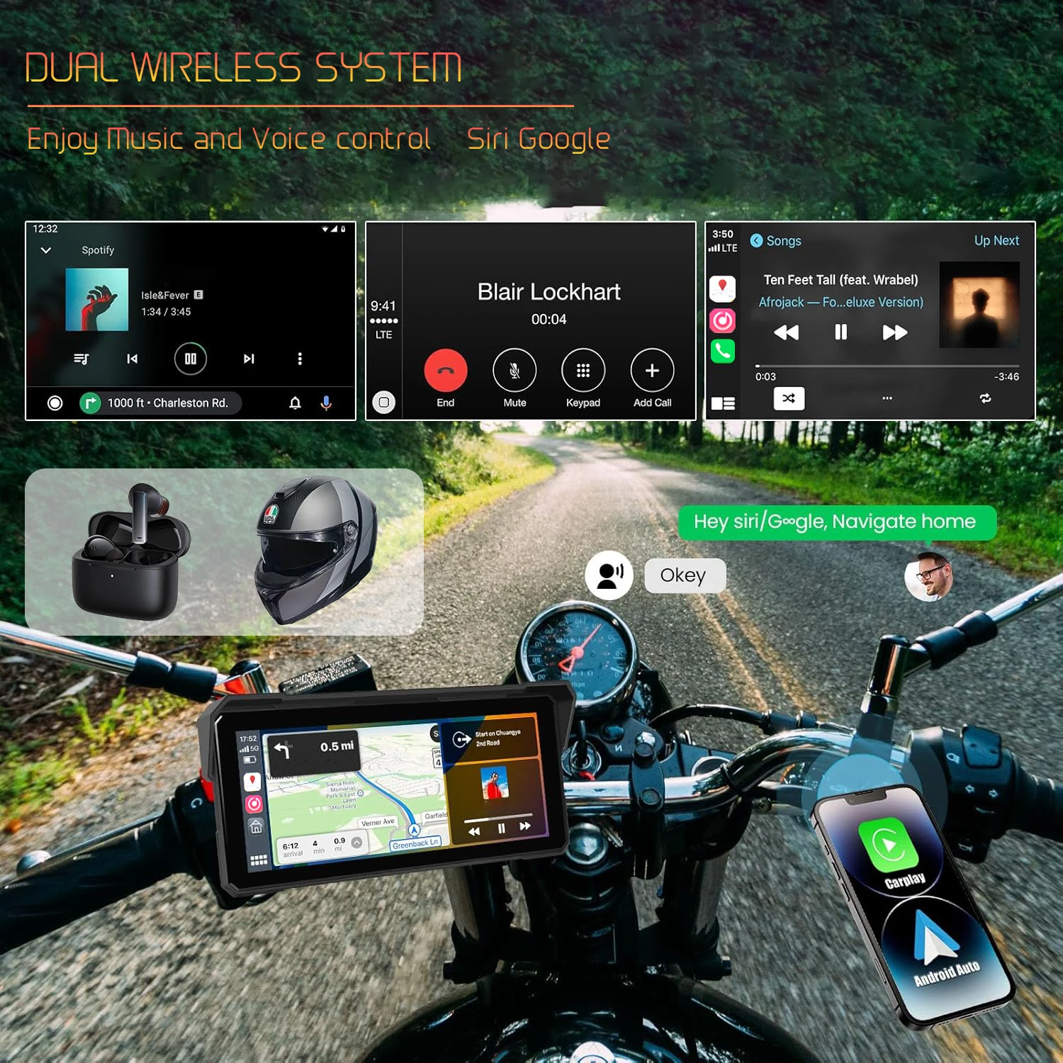 Carplay دراجة نارية أندرويد السيارات TMPS 2K عدسة مزدوجة داش كام واي فاي بلوتوث IPS شاشة تعمل باللمس دعم سيري/جوجل التحكم الصوتي #5