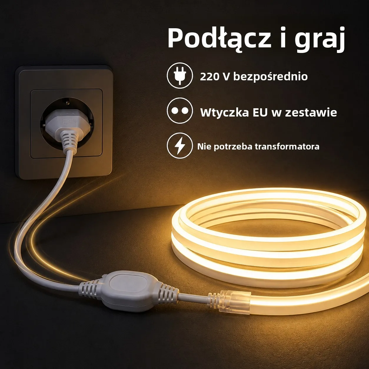 Taśma LED neonowa silikonowa 20M 65,6 stopy, 220V SMD2835, 120 diod/m, wodoodporna IP65, wysoka jasność, kąt świecenia 120°, 3000K‑6500K, DIY dekoracja domu, kuchni, schodów, wewnętrzna i zewnętrzna