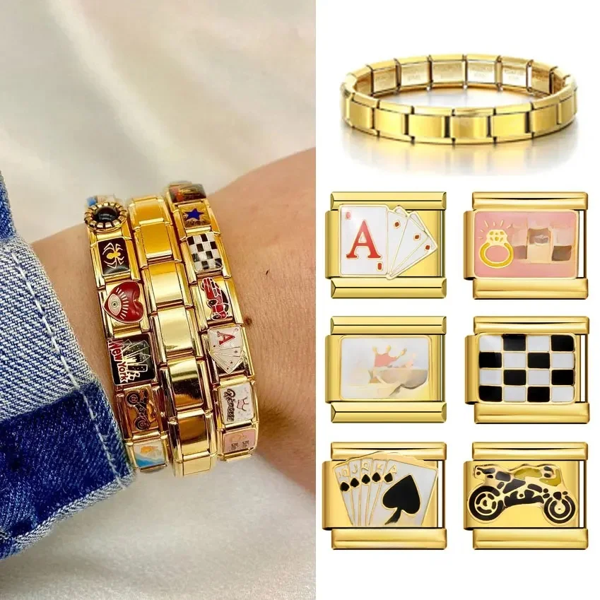 Bracelet à breloques italien couleur or, personnalisé, en acier inoxydable, princesse de Poker, perle de moto scintillante, adapté aux bijoux de 9mm