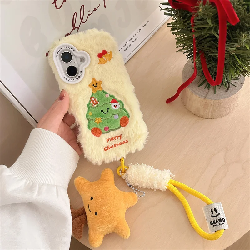 Чехол для телефона Kawaii Christmas Tree для iPhone 16 Pro 15 14 13 Pro Max с плюшевым ремешком на руку, теплые пушистые силиконовые чехлы 15 Pro