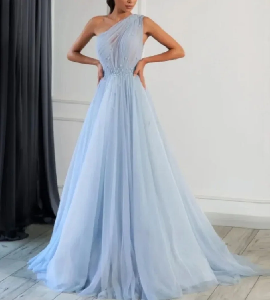 Luxury Sky Blue One Shoulder Tulle Evening Dresses for Women Wedding Party Gowns Prom A-line 2024 Sky Blue Prom Dress Vestidos