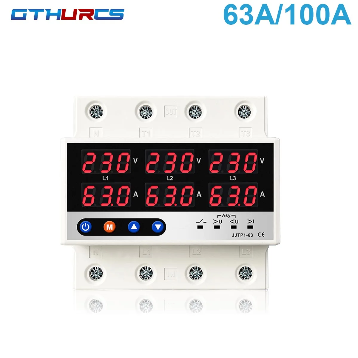 63A 100A 3 Phase Din rail Voltmeter Ammeter adjustable Over and Under Voltage current limit protection Monitor Relays Protector