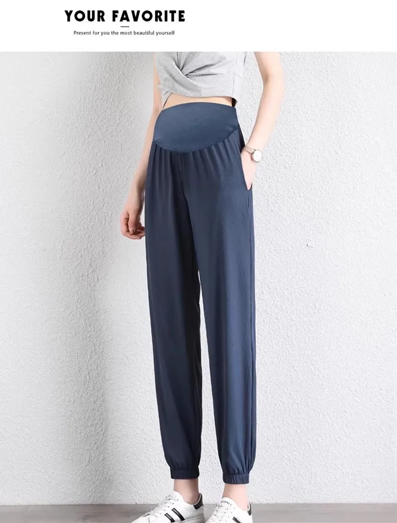 سراويل الأمومة للارتداء الخارجي الصيفي، سراويل تسع نقاط من الحرير الجليدي، سراويل ضيقة، رفيعة، فضفاضة، مقاس كبير، كاجوال، سراويل صغيرة الساق، ملابس الربيع والصيف #5