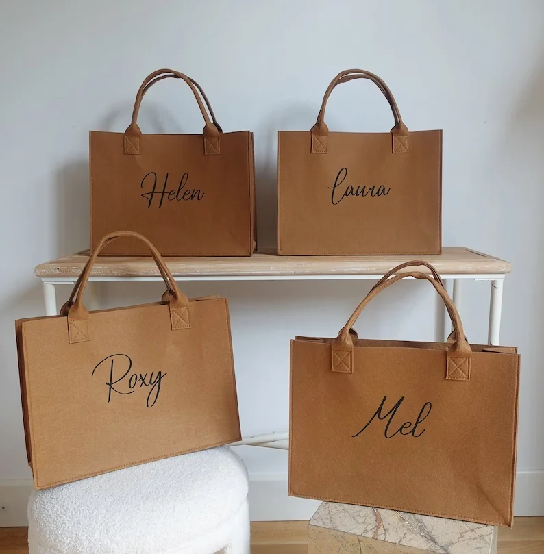 Premium Felt Tote Bag Personalized Bridesmaid Bag Tote Gift Burlap Bags Beach Tote Bag with Name Shopping Market Handbag