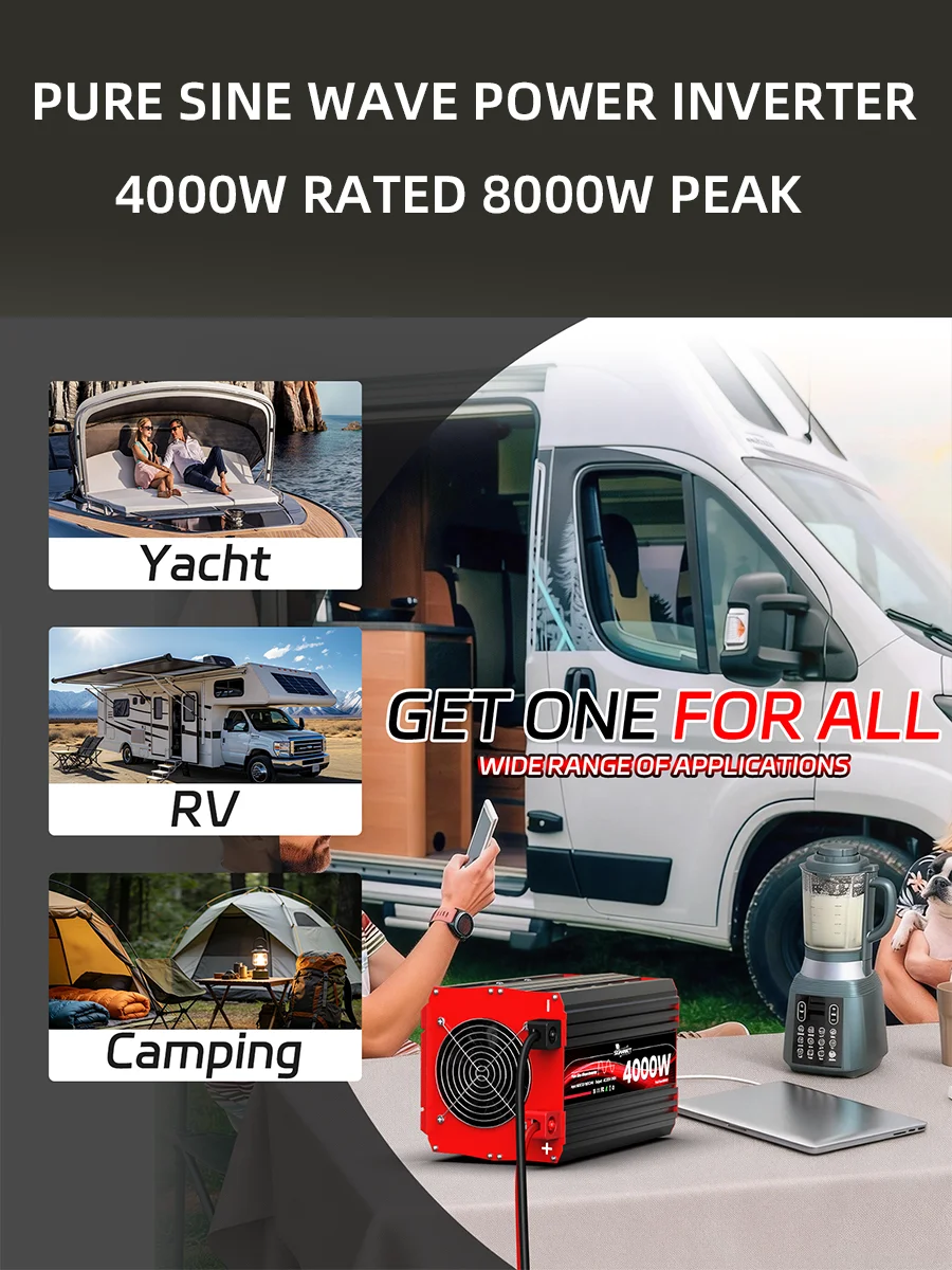 Reiner Sinus-Wechselrichter DC 12V 24V AC 230V 4000W Nennleistung 8000W Spitzenleistung LCD Fernbedienung USB Typ-C Auto für Off-Grid Camping