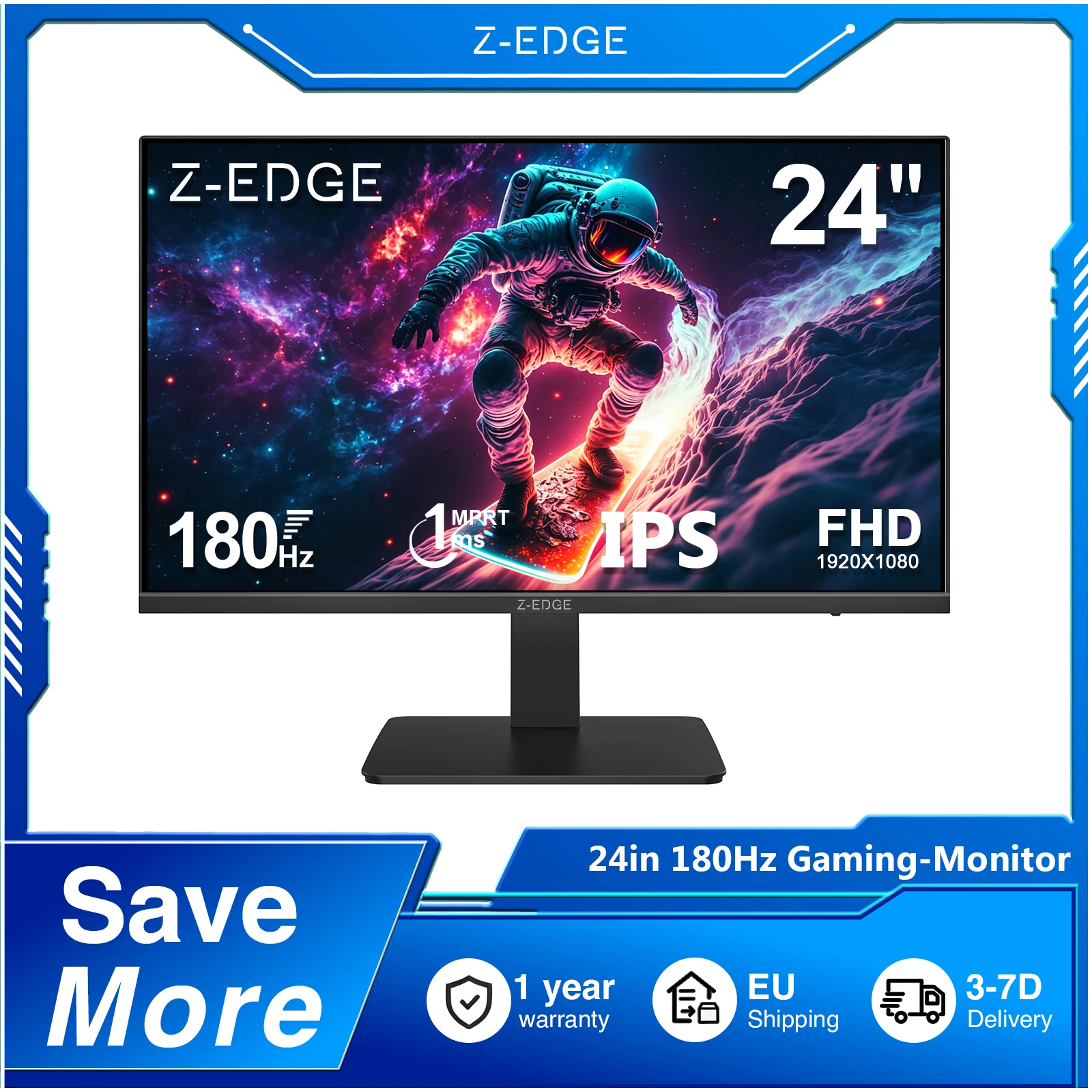 Z-EDGE 24-Zoll-Gaming-Monitor, 180 Hz, 1920 x 1080 Full HD, 1 ms MPRT, 350 cd/m² Helligkeit, 16:9 IPS-Panel, HDR10, FreeSync, flimmerfrei und mit Low Blue Light, VESA-kompatibel