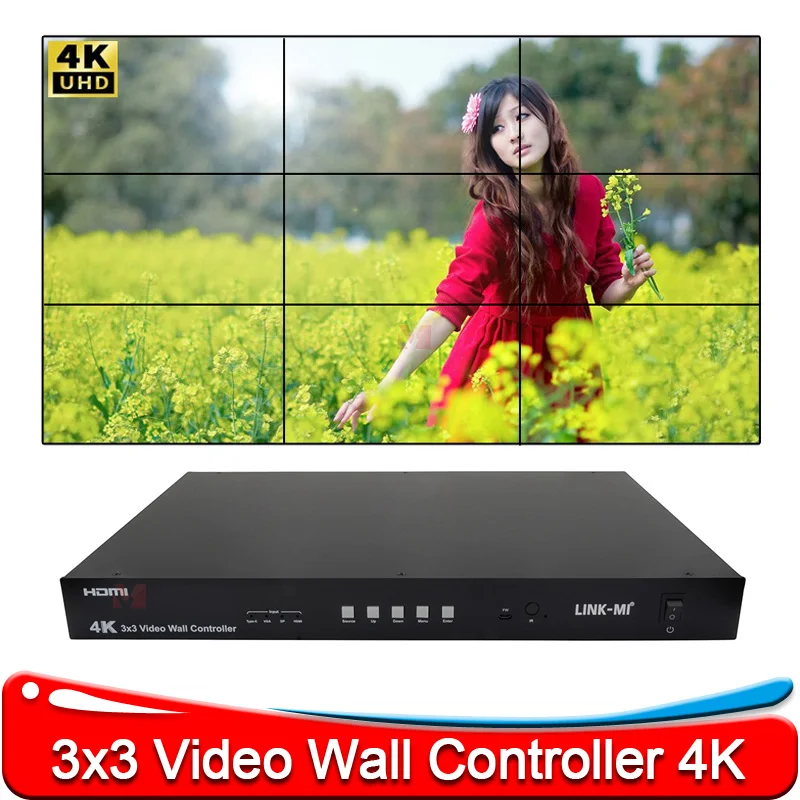 

HDMI 4K Video Wall Controller 3x3 with USB TYPE-C /VGA/ DP/ HDMI Inputs Support 2x3 3x2 2x2 Cascade max 10x10 Video Wall