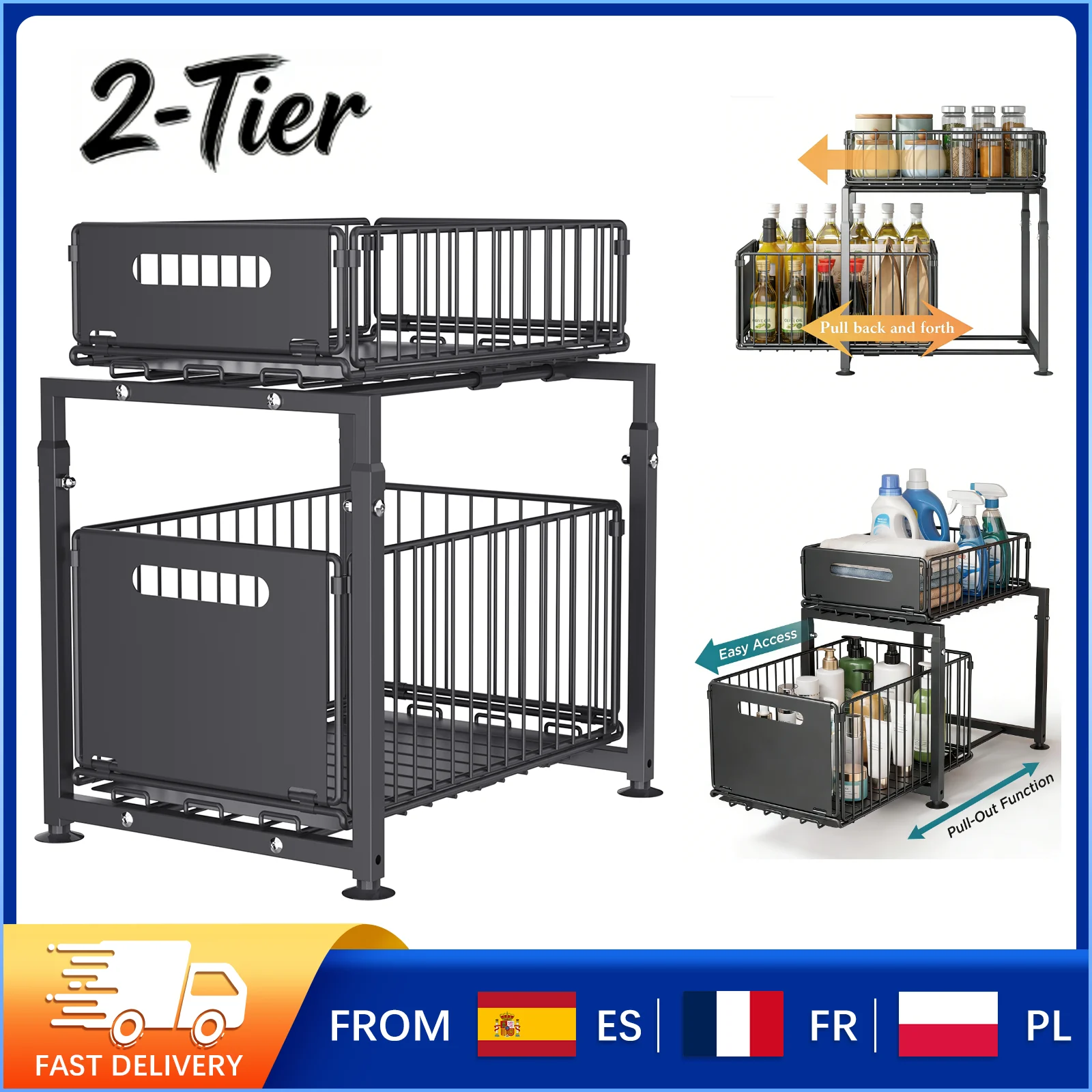 Tiroir de rangement multifonctionnel à double extraction, 5 niveaux, réglable en hauteur, en acier au carbone, pour armoire