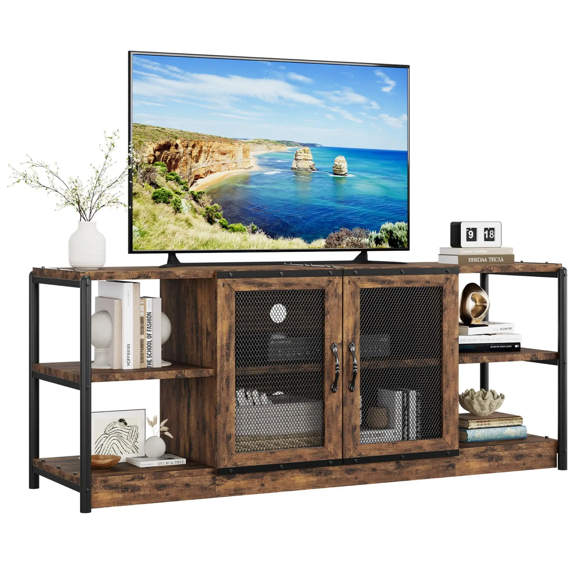 Moderner Farmhouse-TV-Ständer mit 2 Gittertüren und Aufbewahrungsschränken für Fernseher bis zu 70 Zoll, Entertainment-Center-Konsolentisch aus Holz, Medienmöbel für Wohnzimmer, Apartments, Eiche