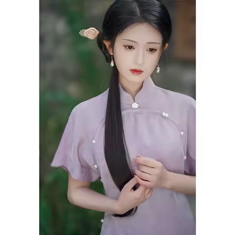 Long Purple Cheongsam Inverted Long Sleeved Qipao Dress for Girl Summer Improved Chinese Retro Style Elegant Evening Party Dress