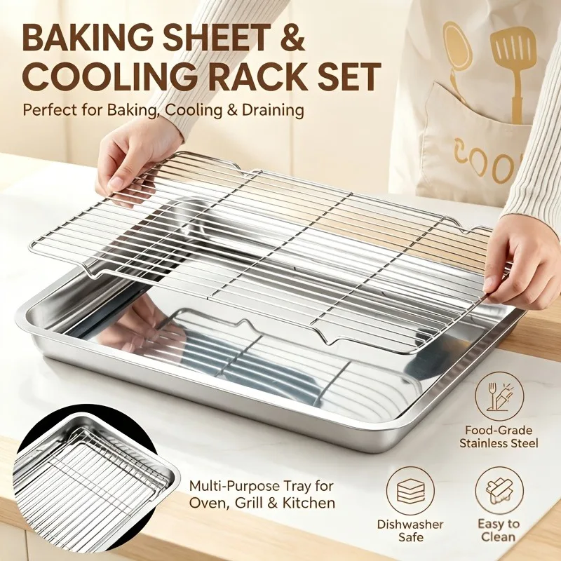 Oven Baking Tray, 430 & 304 Double Layer Stainless Steel, Precision Welding & Sanding Anti-Rust, Ideal for Halloween Dinners and Parties