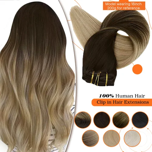 Extensiones de cabello con Clip de brillo completo, Clip de cabello humano Balayage, 7 Uds., 120g, extensiones de cabello de doble trama, cabello humano para mujer