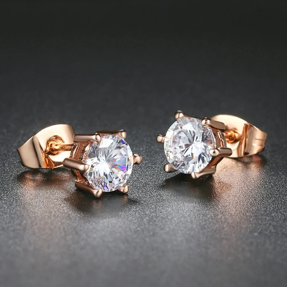 ZHOUYANG stadniny kolczyki dla kobiet klasyczne sześć pazury 5mm 0.5ct okrągłe cięta sześcienna cyrkonia różowe złoto kolor moda biżuteria ZYE036 — zdjęcie 2