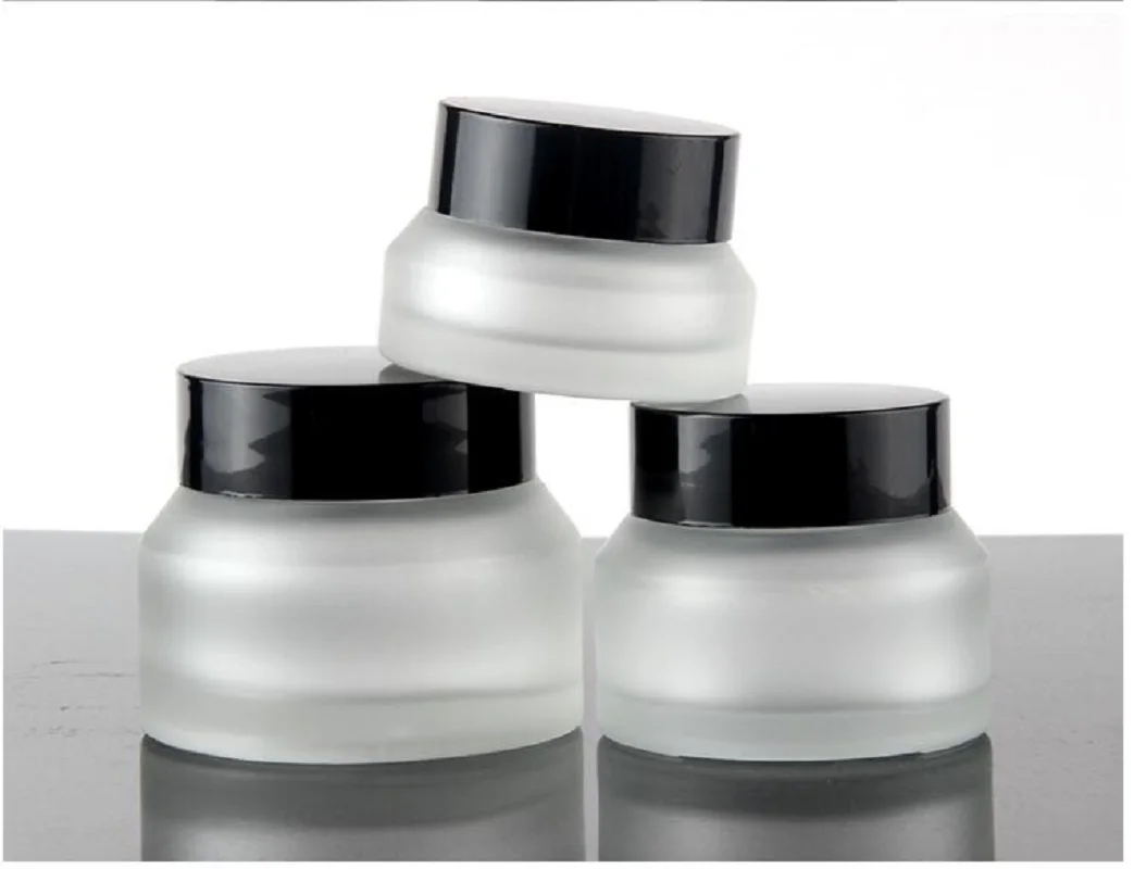 Barattolo di vetro smerigliato da 30G con coperchio nero essenza/gel per gli occhi/crema giorno notte/idratante/acido ialuronico labbra bottiglia di vetro per imballaggio cosmetico