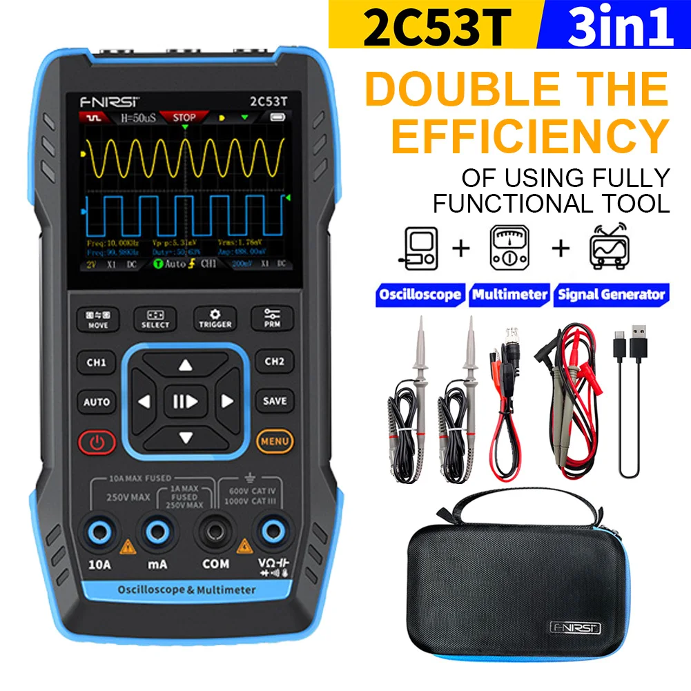 FNIRSI 2C53T (2C23T Upgrade) 3in1 Oscilloscope Multimeter Signal Generator 50MHz Bandwidth 250MS Rate Dual Channel 20000 Counts