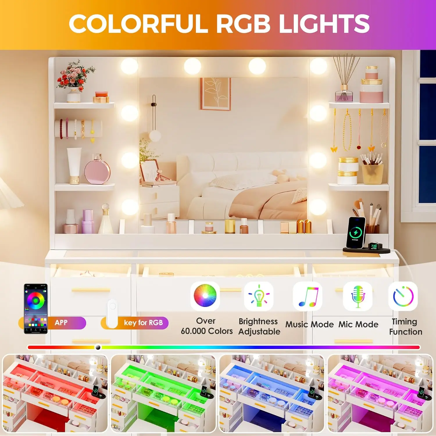 Large Vanity Desk with Mirror and Lights & Transparent Glass Top  3 Colors Makeup Vanity Table Set with 9 RGB Drawers, Power Outlet,White Vanity Stool and 4 Shelves for Bedroom Women UBDT94W