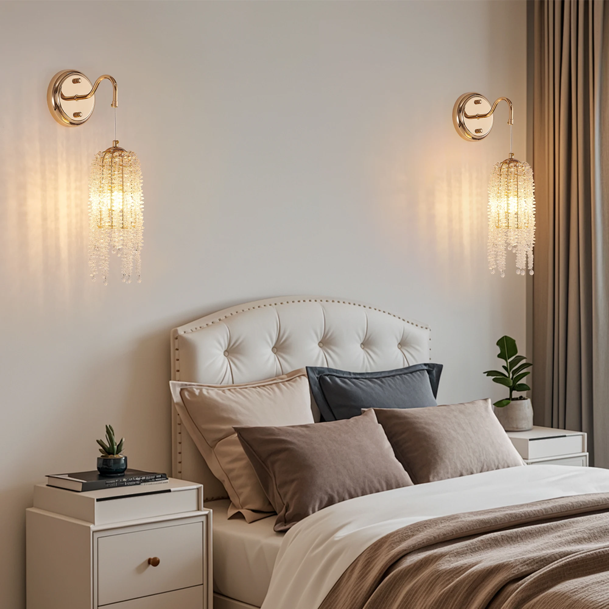 Elegant Wall Lamps (Pack of Two), Featuring a Waterfall-Style Crystal Bead String and an E12 Lamp Holder; Bulbs Not Included