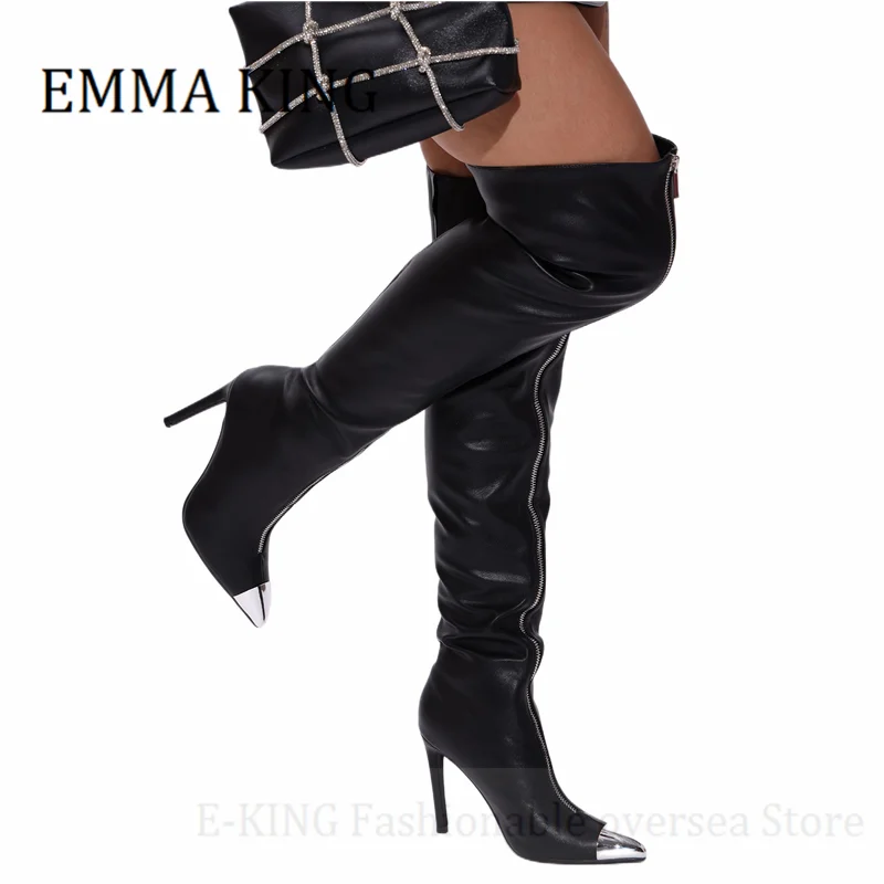 2022 Women Front Zipper Thigh High Boots Faux Leather High-heeled Over The Knee Boots Sexy Stilettos Botas Ladies Fashion Shoes