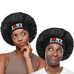 Printed I Love My Girlfriend' & 'I Love My Boyfriend Satin Sleep Cap with Elastic Wide Band Couples Bonnet