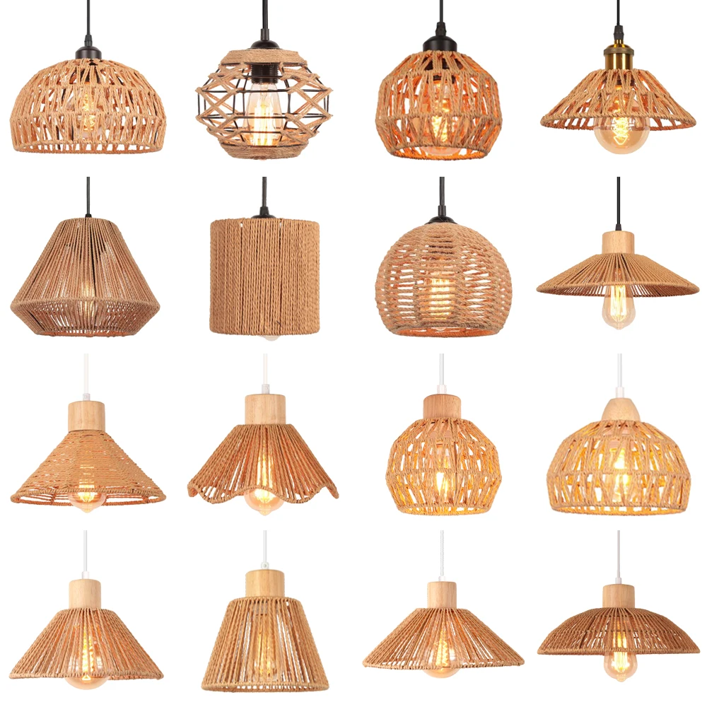 

Подвесной светильник из ротанга в стиле бохо E27, подвесной светильник из пеньковой веревки ручной работы для винтажного промышленного ретро-освещения для спальни, гостиной