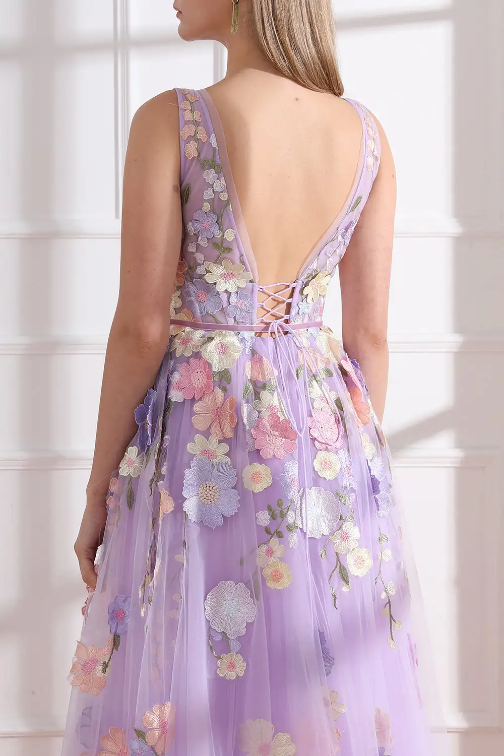 Simple V-Neck Corset Lavender Floral Embroidery Long Prom Dress with Bow Sleeveless Tulle Homecoming Dress vestidos Party Gowns