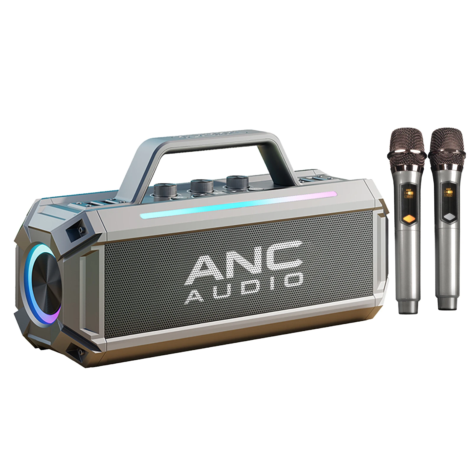 ANC 100W Portable Bluetooth Speaker with dual wireless microphones 12 hours, Hi-Res Audio, Subwoofer,  Waterproof USB/TF/AUX/RGB