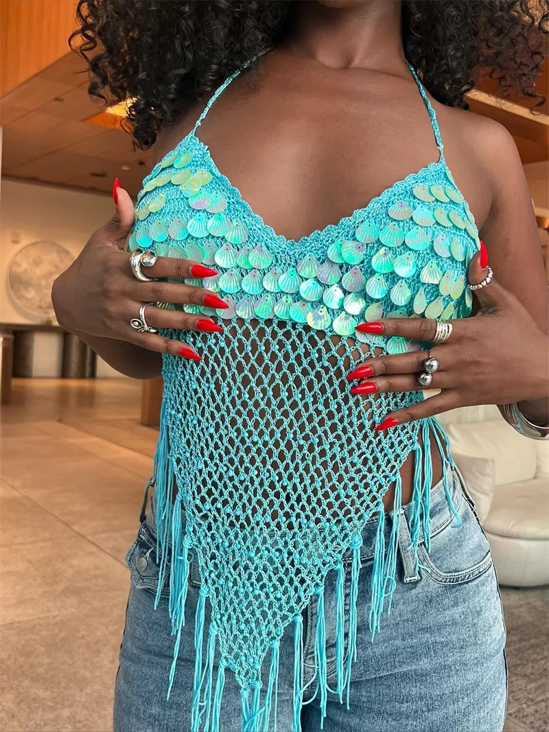 

Женский купальник с пайетками, сексуальный топ-халтер на шнуровке, ажурный, с бахромой, вязаный, пляжная накидка-туника