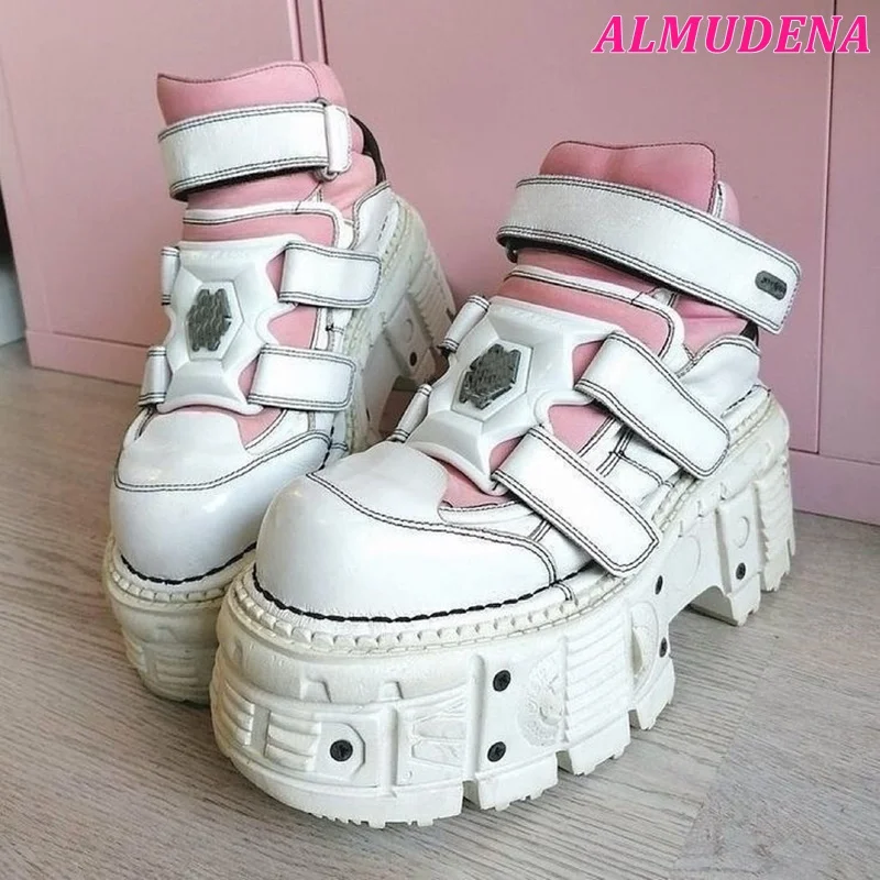 

Pink/White Flat Platform Punk Sneakers 2024 Women's Buckled Rock Cool Soft Highten Shoes Luxury Designer Lolita Cosplay Shoes