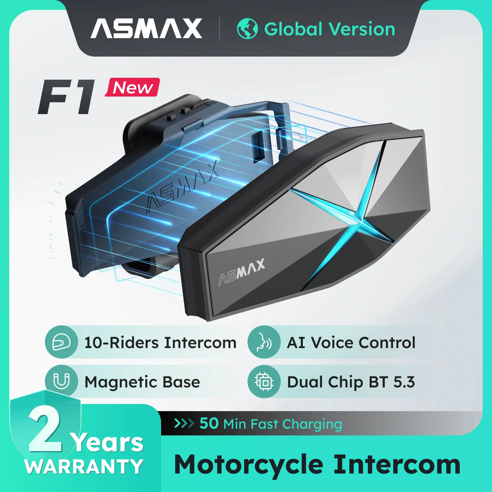 ASMAX F1 Домофон для мотоцикла, Голосовое управление, Поддерживает домофон для 10 человек, дальность связи 1800 м, Bluetooth 5.3 /Универсальное сопряжение / Шумоподавление ENC / Водонепроницаемость IP67