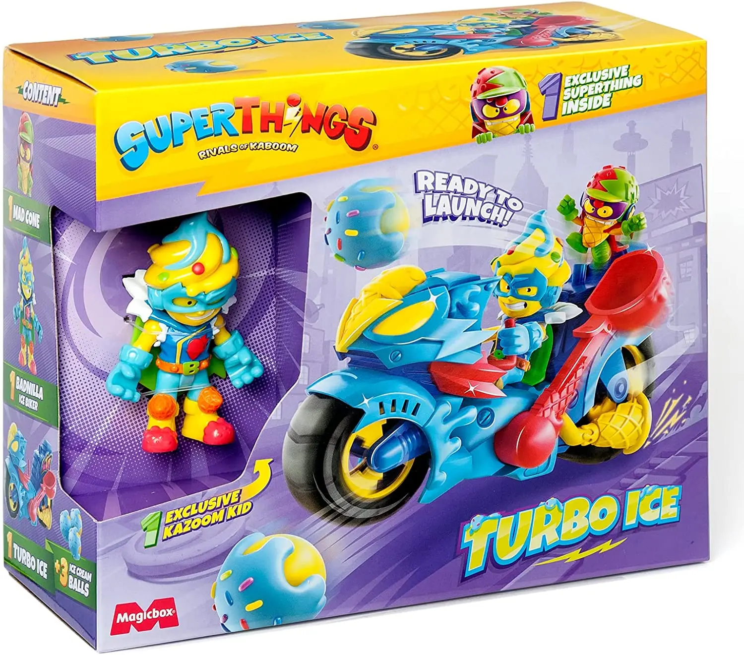 SUPERTHINGS Turbo Ice-SuperThings Moto with catapult to throw Ice cream balls. Includes 1 Kazoom Kid and 1 exclusive SuperThing