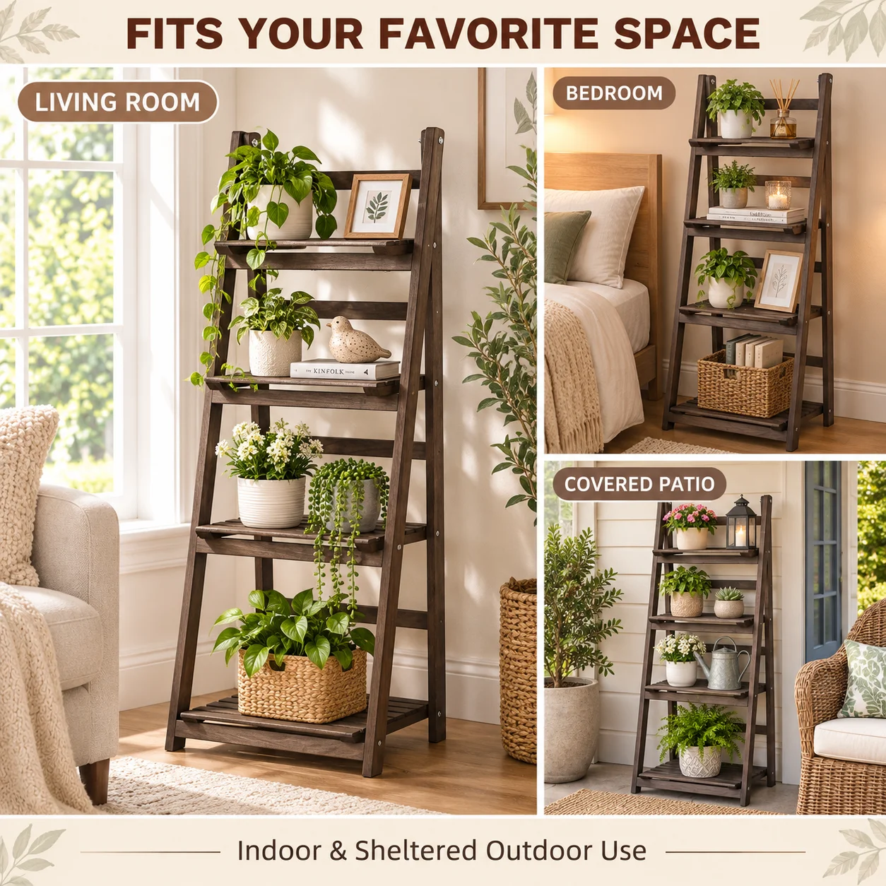 4 Tier Foldable Wooden Plant Stand Ladder Shelf Carbonized Paulownia Flower Pot Display Rack for Indoor Patio Balcony Garden