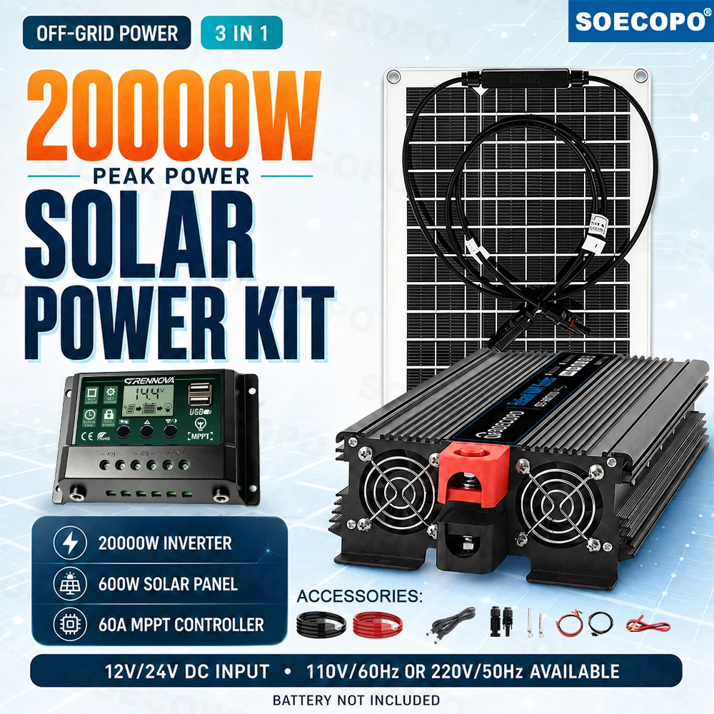 SOECOPO 20000W Solar Panel Kit 600W Specification with 2000W Rated Power Inverter MPPT Controller LCD Dual USB Cables Connectors