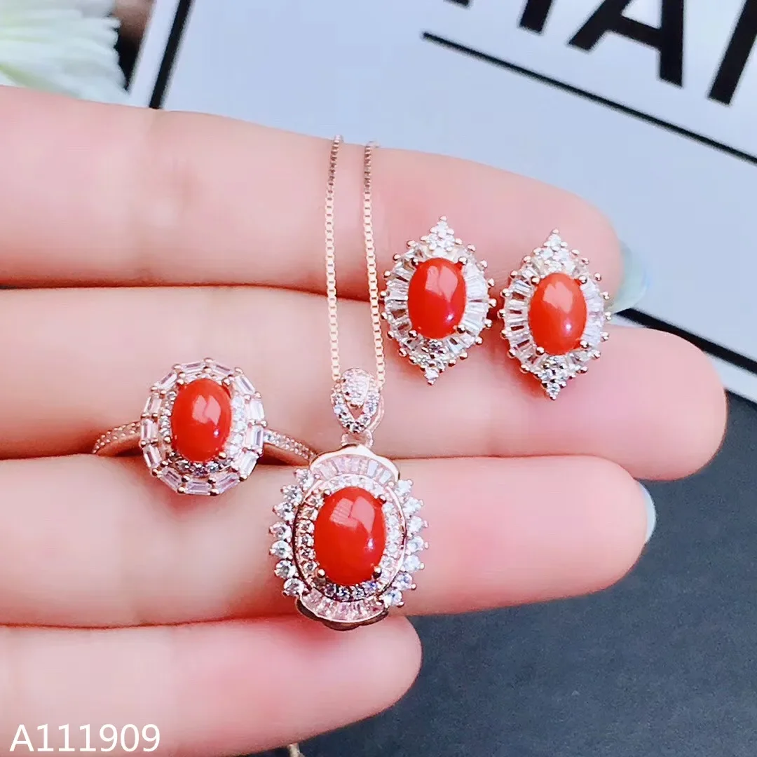 Jewelry Girl Natural Red Coral Pendant Necklace Ring Earnail Set 925 Pure Silver Plated Rose Gold Gift for Girlfriend Christmas, view 2