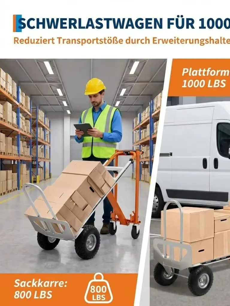 4-in-1 Aluminium Handwagen Sackkarre klappbar – Schwerlast Transportwagen bis 450 kg Tragkraft – Umwandelbar zur Plattformwagen mit Rollen & Spanngurten – für Lager, Umzug, Büro & Industrie – Orange