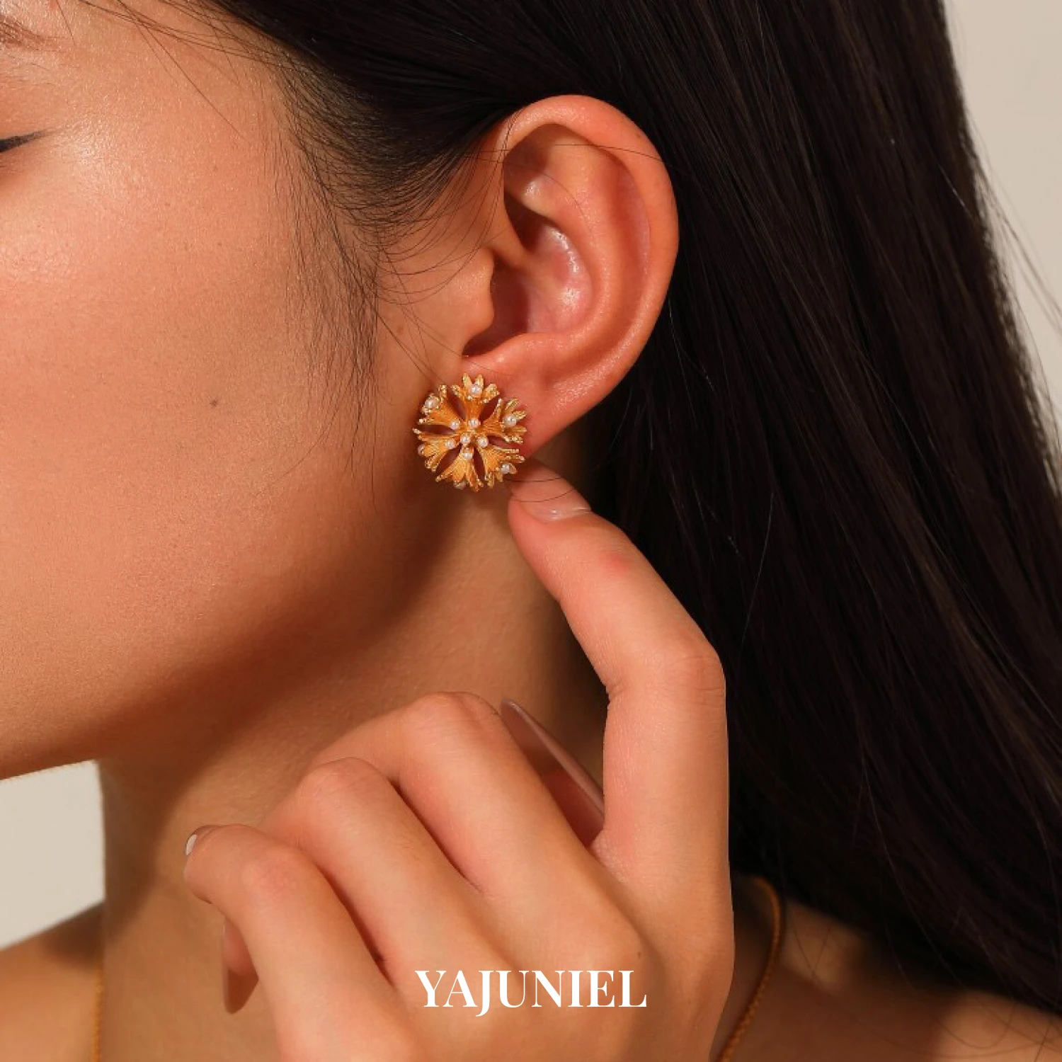 YAJUNIEL Floral Natural Pearl Stud Earrings for Women 24K Gold Plated Hypoallergenic Brass Textured Flower Cluster Earrings