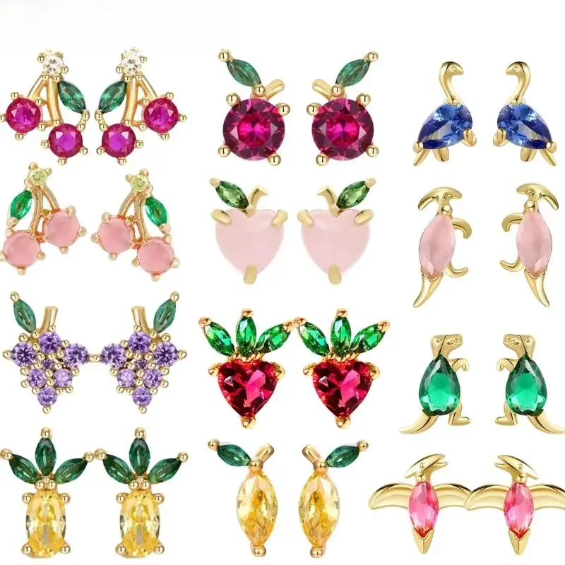 925 Sterling Silver Ear Needle Fine Crystal Zircon Kolczyki sztyfty dla kobiet Zwierzęta / owoce / kwiaty różowe sztyfty urocza biżuteria dla dziewczynek — zdjęcie 2