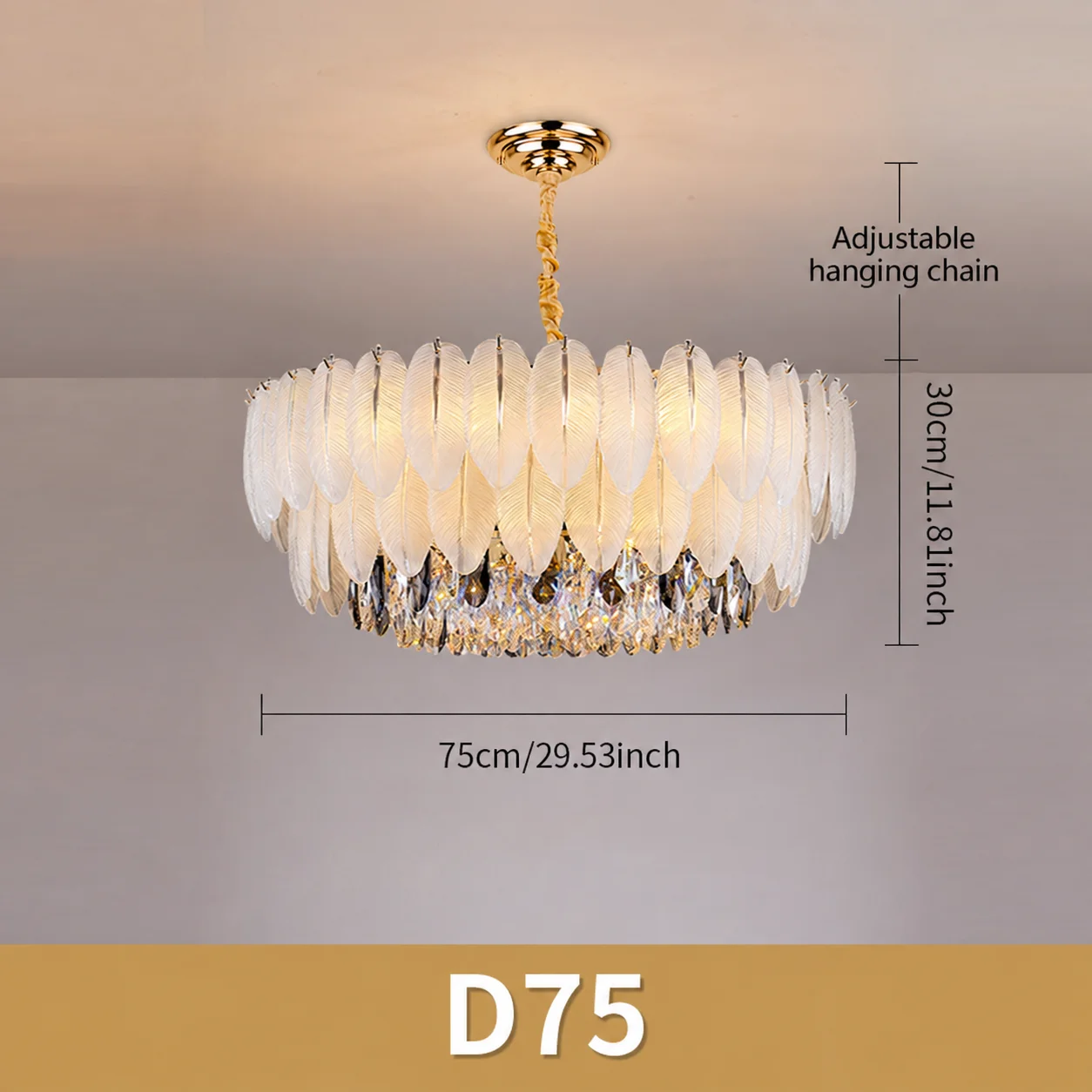 Gouden kroonluchter met kristallen en veren, moderne ronde en ovale hanglamp met glazen veren en kristallen elementen, E14, 50 tot 100 cm.