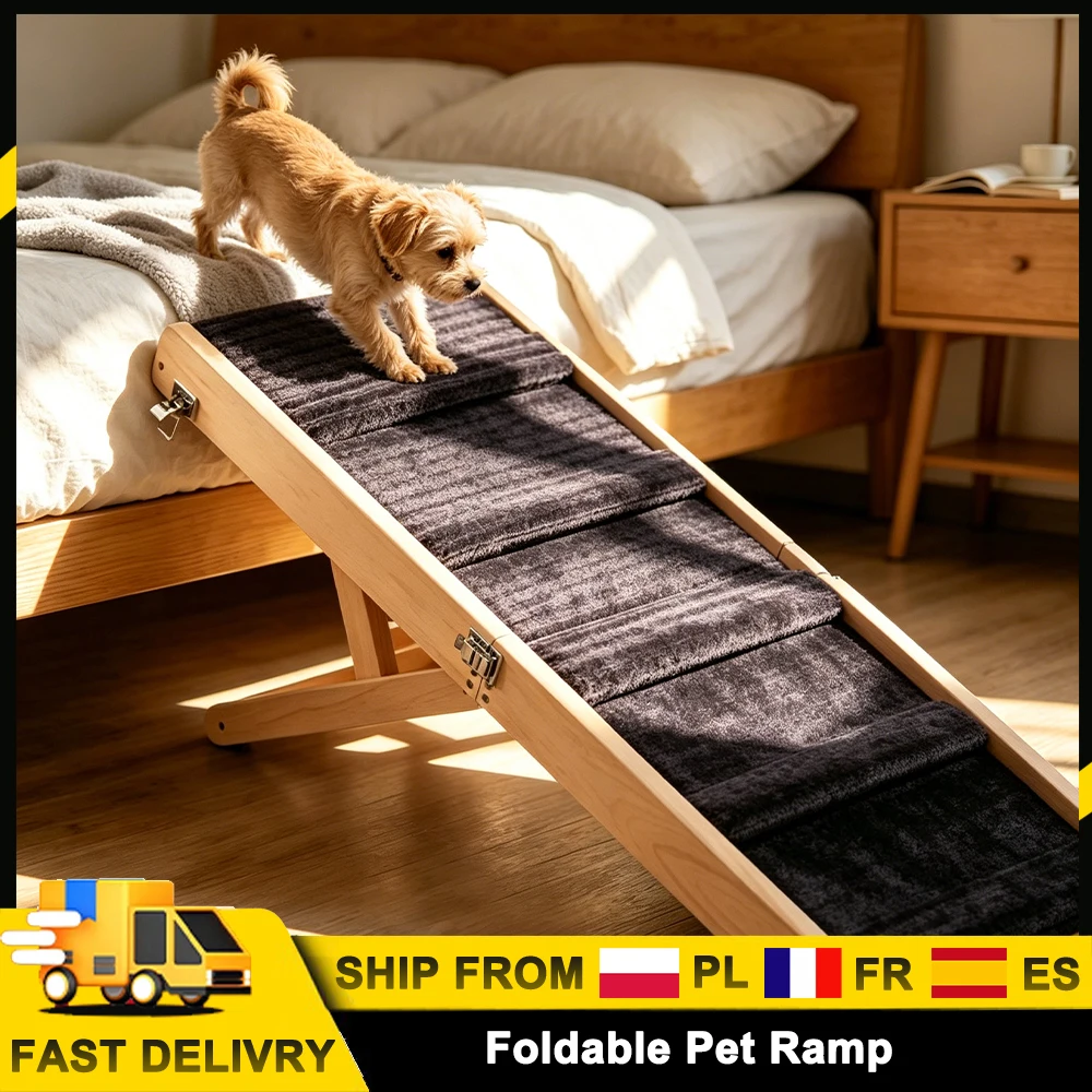 Rampe pour animaux de compagnie pliable avec tapis antidérapant, poignées latérales et 4 niveaux de hauteur réglables pour voiture, fourgonnette, canapé, lit. Escalier pliable pour chiens de petite