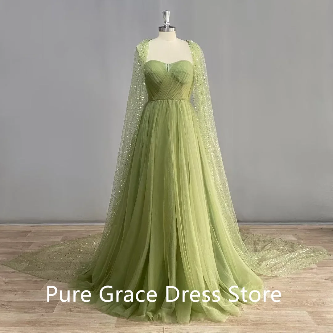 Sage Green A Line Prom Dresses Glitter Sequin Cape Sweetheart High side Slit Maxi Evening Gowns Formal Party Vestido De Graduaci