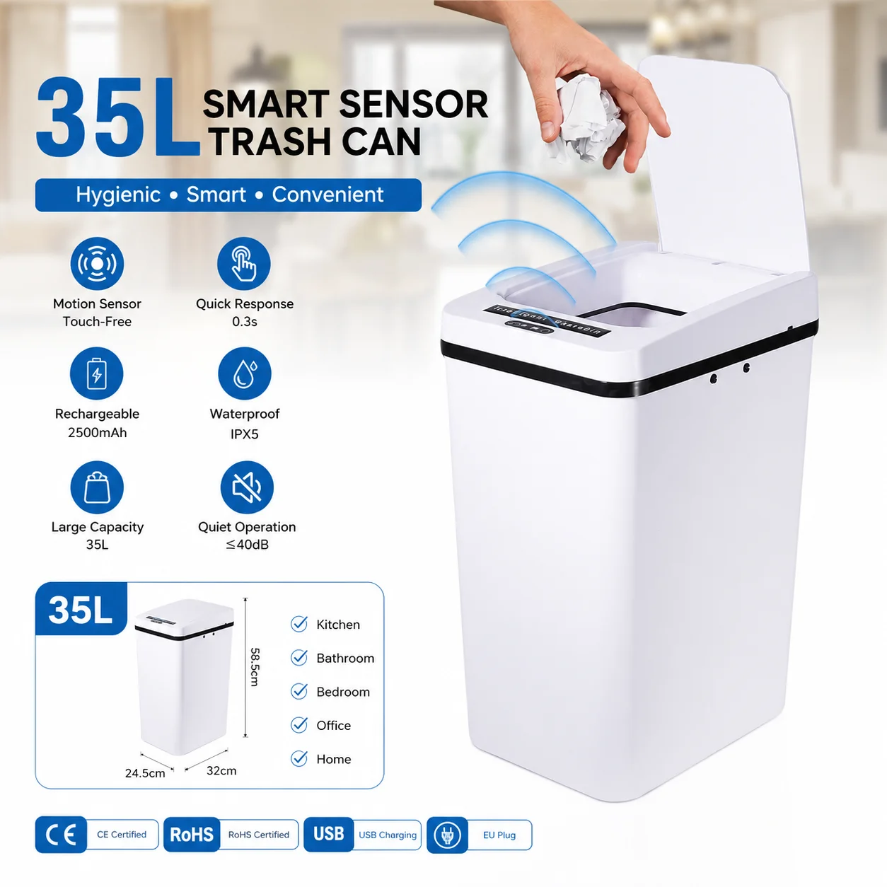 35L Intelligenter Sensor-Mülleimer, Automatischer Berührungsloser Abfalleimer mit Bewegungssensor-Deckel, Wiederaufladbarer Wasserdichter Elektrischer Abfalleimer für Küche, Bad, Schlafzimmer, Büro,