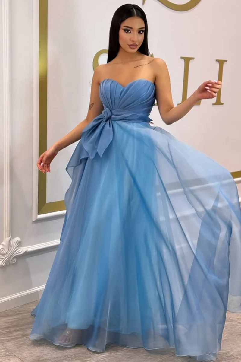 Jessica Pleated Blue Evening Dresses A-line Organza Prom Dresses Sexy Off-the-shoulder A-line Vestidos De Gala Customized