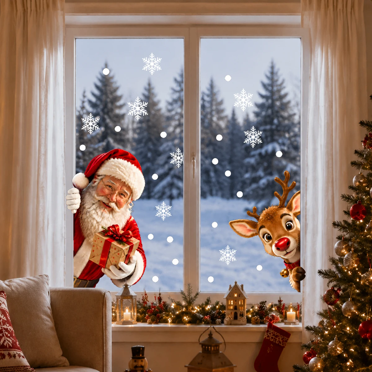 Christmas Santa Reindeer Window Stickers Snowflake Decals for Glass Door Xmas Holiday Home Shop Window Decoration